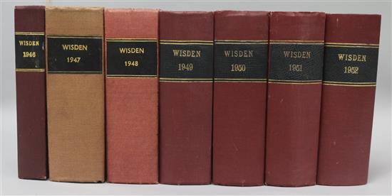 Cricket: Wisdens 1946-1952, seven editions post-war run marbled paper edges
